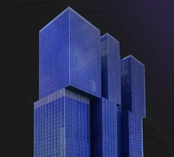 A digital illustration of a group of futuristic blue skyscrapers with a sleek design against a dark background, evoking a sense of advanced urban architecture. The buildings are illuminated with a grid-like pattern that gives them a glowing effect.